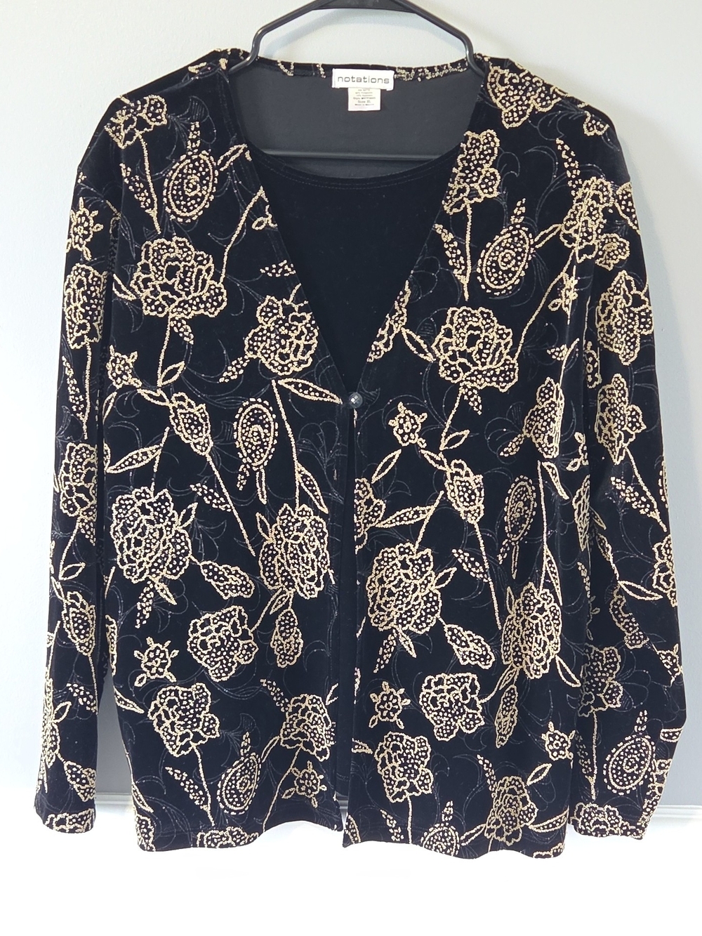 Notations Black Velvet Blazer Shirt Top One Button Cardigan Texture Gold Floral